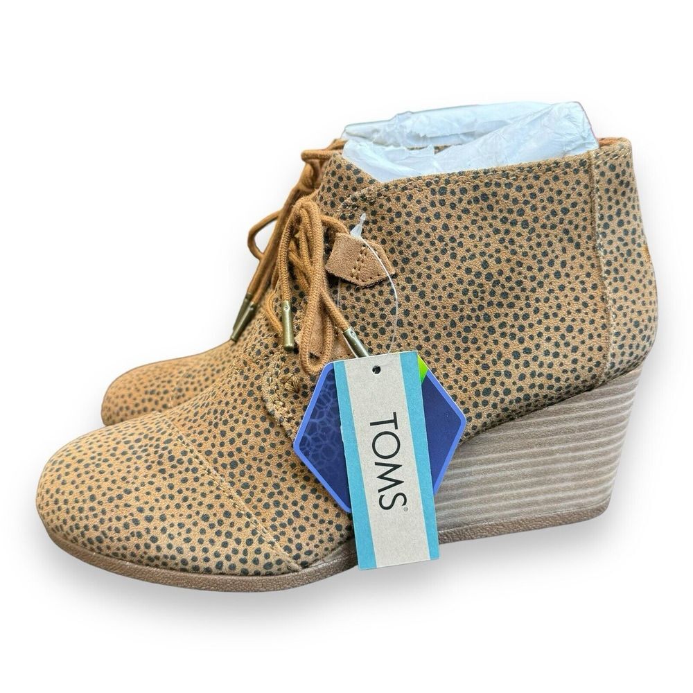 Toms Desert Ankle Lace Up Brown Suede Cheetah Leopard Wedge Boots Women's Sz 8.5